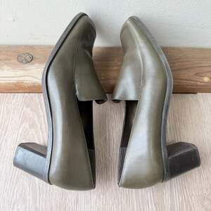 Vintage Olive Green Leather Block Heel Loafers with Square Toes